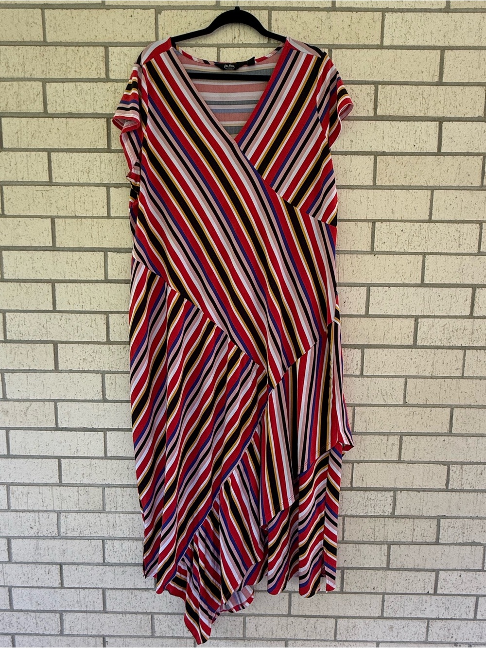 Du Jour Multi-Stripe Asymmetrical Midi Dress in Red, Pink, Blue and Black
